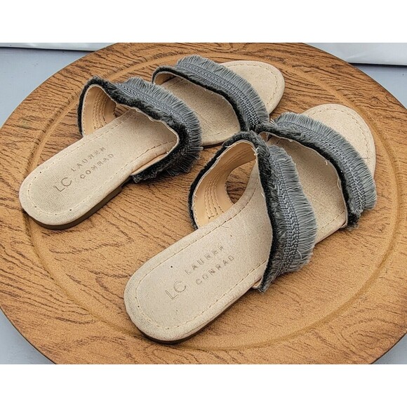 Lauren Conrad Women's Size 8-9 Medium Gray Two Strap Fringy Sandals - Picture 3 of 13